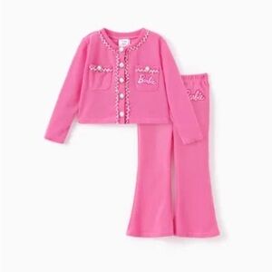 PATPAT Barbie Girl Cotton Knitted Pearl Button Cardigan And Flared Pant Set Pink